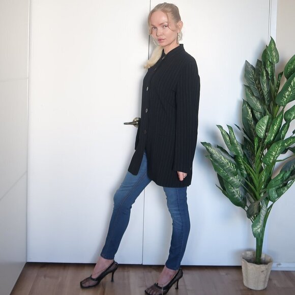 DKNY Long Pinstipe Stand Collar Career Suit Blazer - Picture 15 of 16